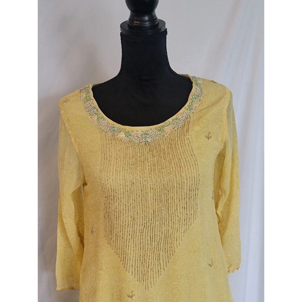 Jay Vardhan Yellow Embroidered Sequin Kurti Tunic Top Paisley Damask XL 42 - Picture 4 of 8